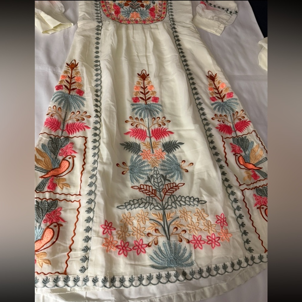 3pc Ivory & Floral Matching Set - Long Sleeve Tunic Dress, Long Pants & Shawl